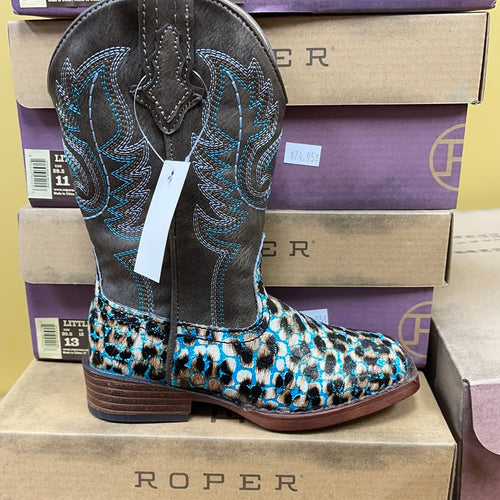 Little Kid Blue Glitter Leopard Boot