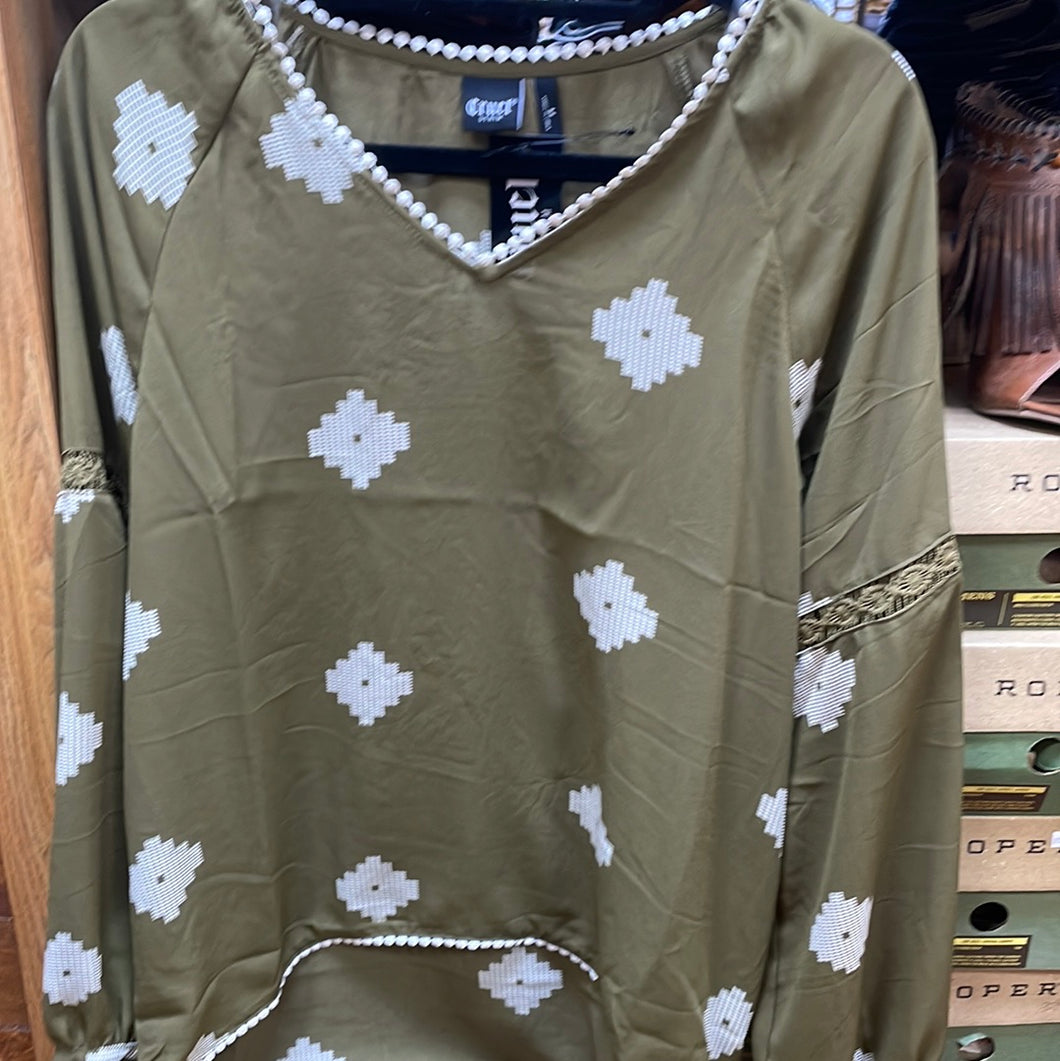 Olive Printed Cinch Top