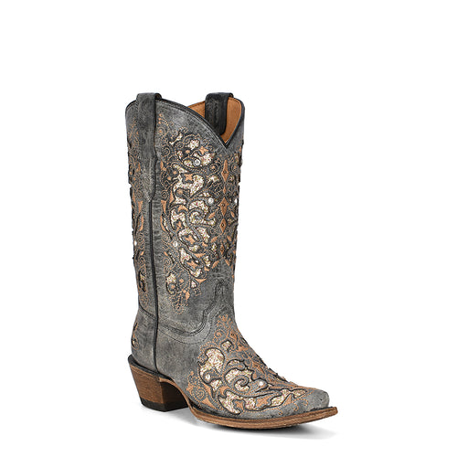 Girls Black And Gold Inlay Corral Boot