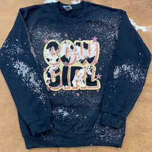“Cow Girl” Dark Wash Bleached Sweater