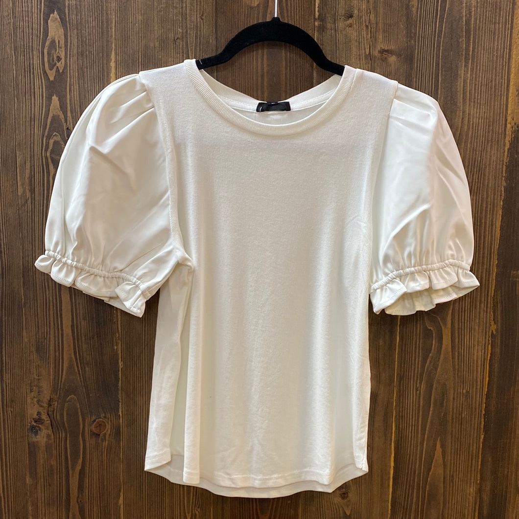 Faux Leather Puff Sleeve Knit Top