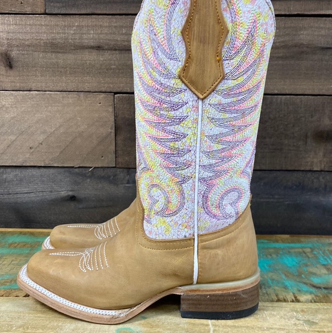 Tan/White Embroidery Square Toe Boots.