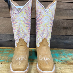 Tan/White Embroidery Square Toe Boots.