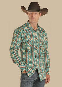 Rock and Roll Men's LS Turquoise Aztec Snap