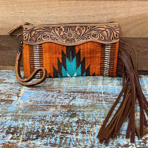 Orange Aztec Wristlet with Fringe