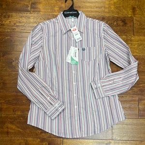 Womens LS Stripe Cinch Button Up