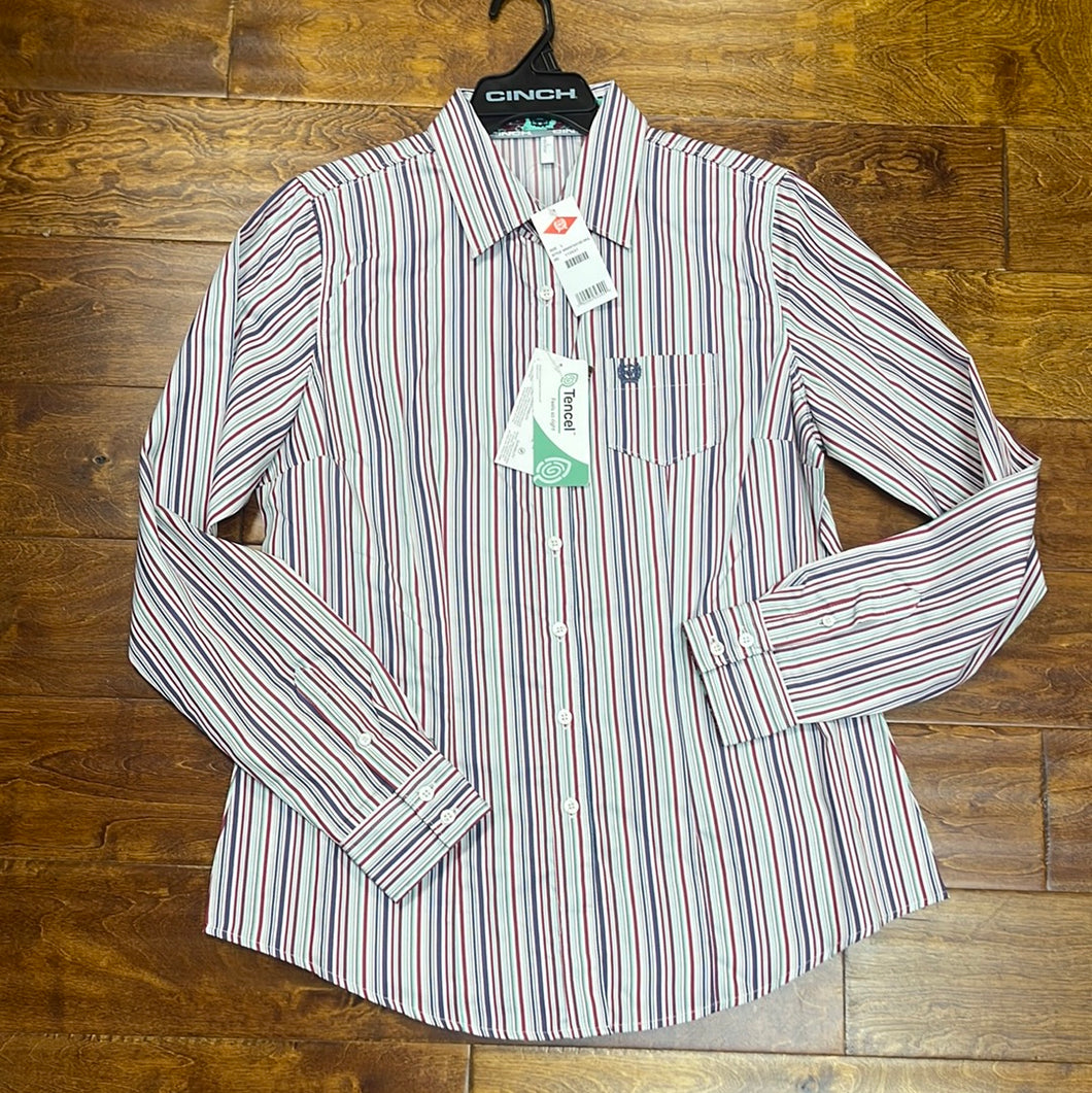 Womens LS Stripe Cinch Button Up