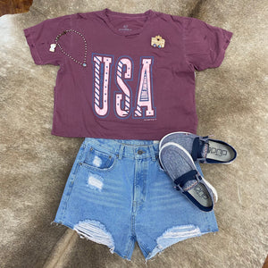 USA Purple Distressed Cut Tee