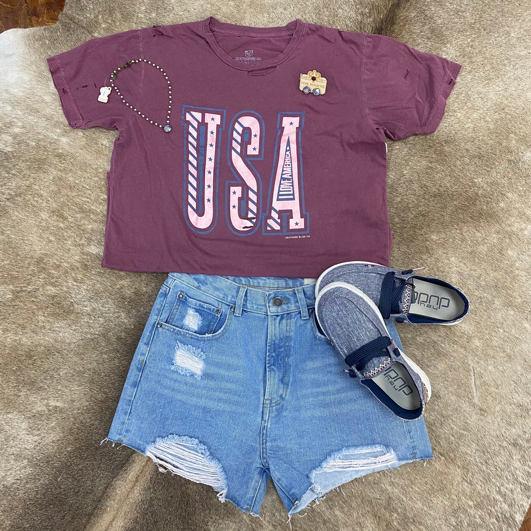 USA Purple Distressed Cut Tee